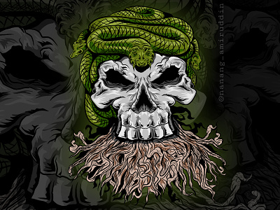 vector illustration of skull with green snake artwork characterdesign dark goth green illustraion logodesign poster design skull snake sticker design tshirt design vector illustration