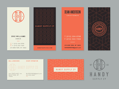 Handy Supply Bus. Cards Options badge branding business card layout logo monogram pattern print seal stationery tag typography