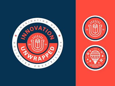 Innovation Unwrapped badge balloon branding conference crest icon illustration lockup logo monogram stars typography