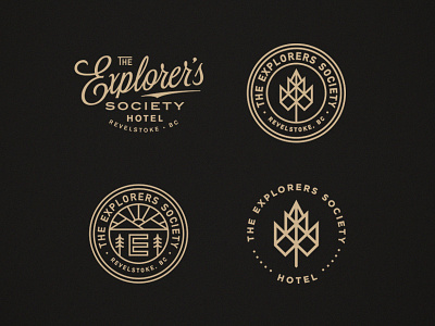 The Explorers Society Hotel badge branding canada hotel leaf lockup logo mountains script seal typography