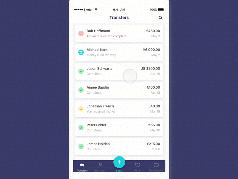 Transfer list bright gif ios money transfer ui ux