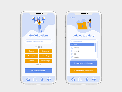 Wordly app - Collect new vocabulary function app collection color palette design flashcards illustration inclusive design inclusivity language app language learning learning app mobile app design mobile design mobile ui product design ui ui design user experience user interface ux