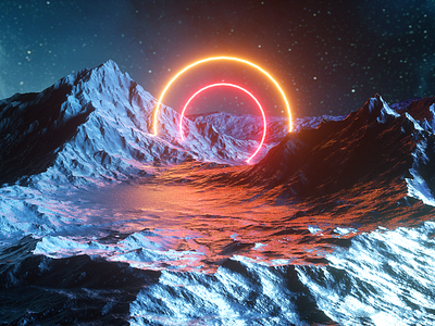 Neon landscape 3d 4d c4d cinema4d design flare glass landscape mountains neon night octane render retrowave synthwave