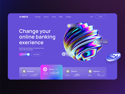 Crypto change webdesign 3d app bitcoin branding c4d coin cryptocurrency design digital figma glassmorphism header landing page main neon token ui uiux web webdesign