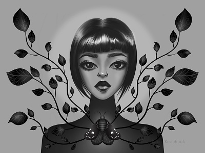Black Moth 2d illustration apple pencil black and white character design dark girl portrait moth procreate symmetry