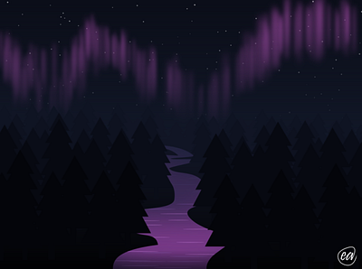 Midnight River aurora borealis dark design forest illustration night river stars vector