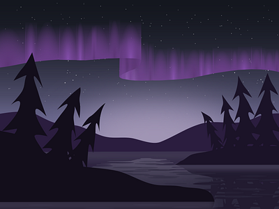 Northern Lights aurora borealis design illustration lake midnight night northern lights reflection trees vector