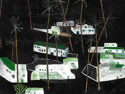 Haria (detail) acrylic black sand canary green houses illustration lanzarote palms paper traditional art village white