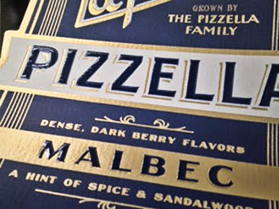Pizzella Detail emboss foil stamp gold foil thermography wine label