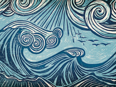 Waves illustration ocean water waves woodcut