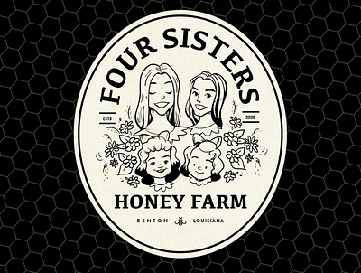 Four Sisters hand drawn honey illustration jar label