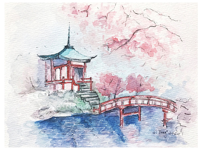 Ancient style pavilion watercolor