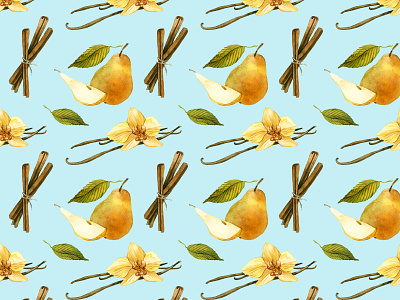 Duchesse pattern cinnamon fruit illustration illustration packaging pattern pear seamless pattern spices surface design surface pattern vanilla watercolor