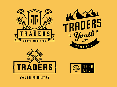 Traders Youth Ministry badge bolt church group hammer logo ministry mountain scale t trader youth