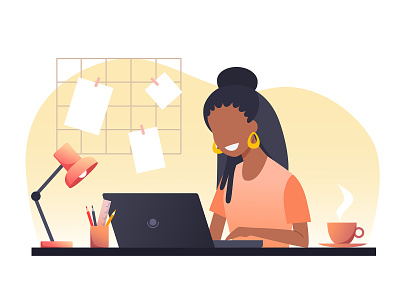 A woman works on a laptop, freelancer character communication distant freelance girl home house human illustration laptop stay home student vector woman work work from home worker workplace
