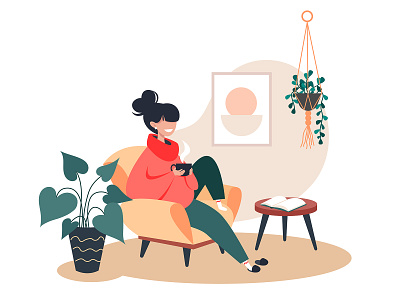 Cosiness armchair book character cosy cup cute drink flat girl happy home home decor hot houseplants illustration interior relaxation tea vector woman