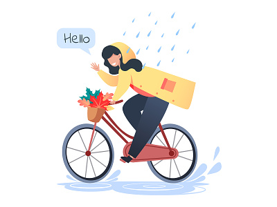 Woman in a yellow raincoat rides a bicycle in the rain activity autumn bicycle character cute flat girl happy healthy hobby illustration smile sport travel vacation vector woman young