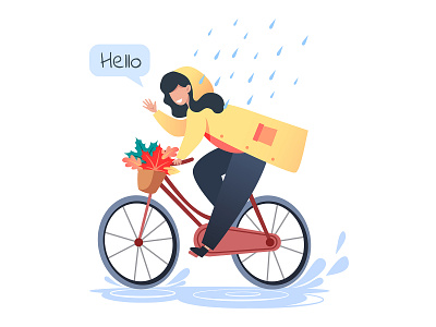 Woman in a yellow raincoat rides a bicycle in the rain activity autumn bicycle character cute flat girl happy healthy hobby illustration smile sport travel vacation vector woman young