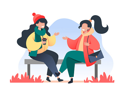 Young women sit on a bench and talking autumn bench character communication design discussion flat friend friendship girl happy illustration people relationship sitting social talk vector woman women