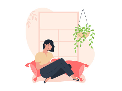 Rest at home book character comfort design education flat hobby home illustration indoor plant interior isolation leisure person reading reading a book recreation woman