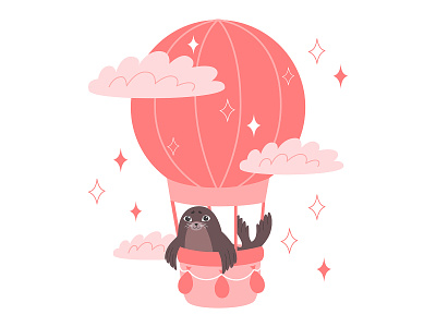 Seal ride in a hot air balloon air balloon animal baby cute flat illustration nursery seal vector