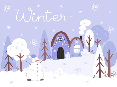 Winter card cute flat forest hause illustration landcape vector winter