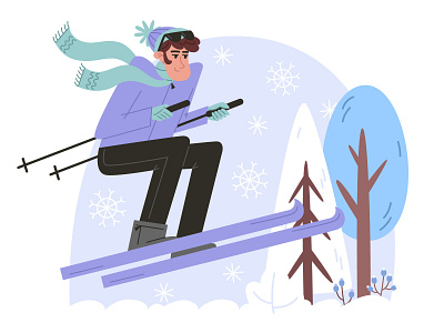 Man skiing in sportswear in winter forest activities character flat forest fun illustration man skiing sport vacation vector winter