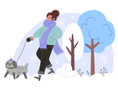 Woman walking with a small curly dog in winter forest