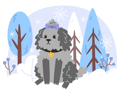 Curly little dog sits in a snowy forest