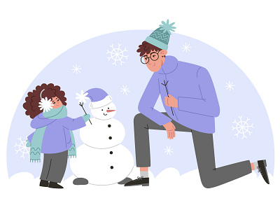 Father and daughter making a snowman character design flat illustration snow snowman vacation vector winter