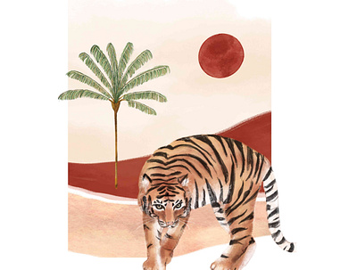 Tiger in the dessert animals illustrated art bohemian design illustration painting poster