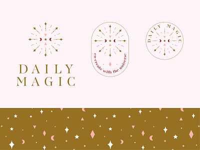 Brand Identity for Daily Magic boho brand identity branding burst diamond elegant gold jewelry logo logo suite luxury maroon modern moon oval pattern pink rays star universe