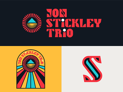 Jon Stickley Trio Branding band brand identity branding custom type empower expand hippie lettering logo merge mind music red sounds sun rays sunrise symbol triangle uprise yellow