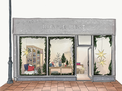 Biggie Best Shop Front biggie best digitial drawing editorial illustration illustration interior design procreate shop front