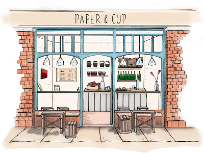 Paper & Cup Cafe Front cafe cafe front coffee digitial drawing editorial illustration food illustration illustration london patisserie photoshop shoreditch