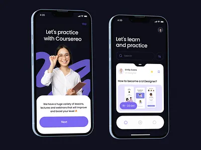 Mobile app for the online course platform "Coursereo" app app design course app courses dark ui digital e learning education app ios app learning app learning platform lectures mentors mobile app online course ui uiux ux webinars