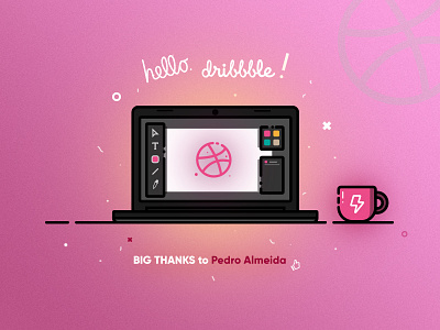 Hello Dribbble! coffee debut first glow hello illustration laptop outlines pink shot thanks