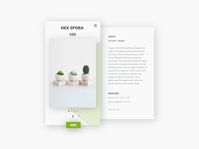 Day 13. Product UI Hex Spora clean decor design info interface minimal plant product shop ui ux web