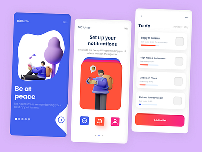 DiClutter Organization Mobile App 3dapp 3dillustration 3dui appdesign declutter mobiledesign mobileui organizationapp ui uidesign