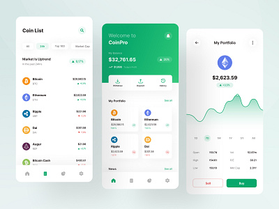 CoinPro - A Cryptocurrency Mobile App android app app concept bitcoin blockchain crypto cryptocurrency currency design ethereum interface mobile design product design ui ui design ui inspiration uiux design ux ux design wallet