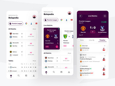 Bolapedia - Football Live Score App (Part 2) android app clean design football football app home screen interface ios livescore match minimal minimlism mobile soccer sport statistic ui ui kit ux