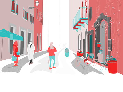 Italian street scene city illustration facade graphic illustration postcard design