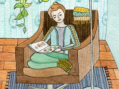 evening home armchair calm cardigan girl gouache knit pattern peaceful reading room socks watercolor