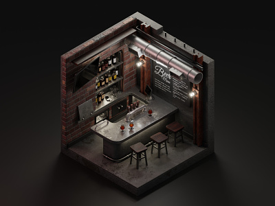 Steel, bricks & beer 3d bar beer blender blender3d diorama isometric isometric art isometric illustration pub tavern