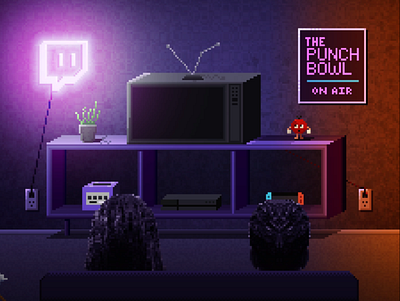 Game Room [Pixel Art] city cityscape couch fake plant gamecube gaming living room neon nintendo pixel art poster ps4 snob switch the punch bowl tpb tv twitch