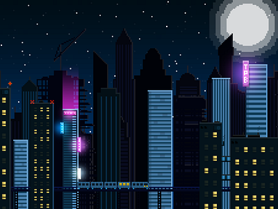 City Skyline [Pixel Art] buildings city cityscape cyberpunk digital moon neon night pixel art pixelart sky skyline stars the punch bowl tpb train