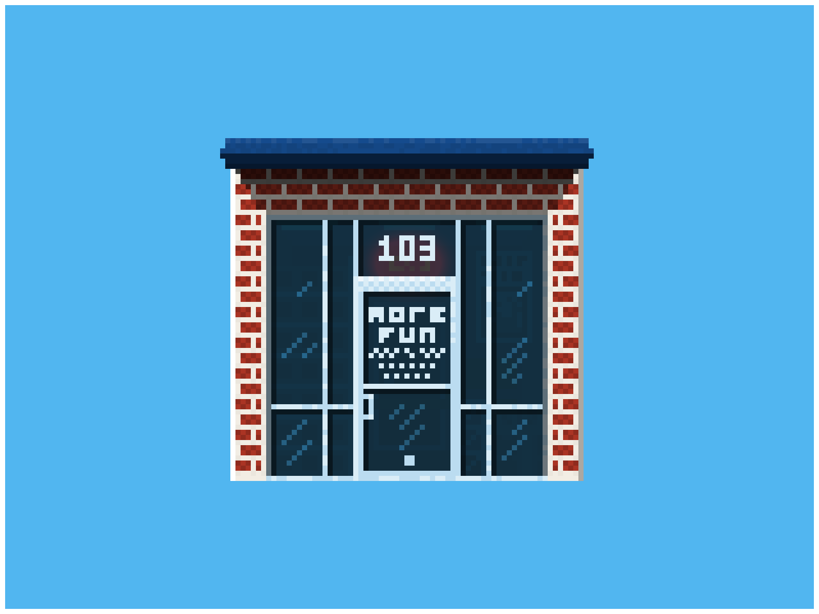 Store Front (Denton, TX) [Pixel Art] animated brick building cute denton gif glass lights numbers pixel art pixelart store store front storefront texas text tx windows