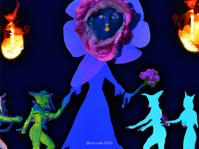 flower headed witches with blue 3d body dancing around the fire