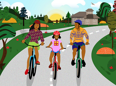 Family ride bicycle cycling dad daughter design eco friendly environment family family together flat illustration illustration mom mom dad child nature outdoor playing riding bicycle