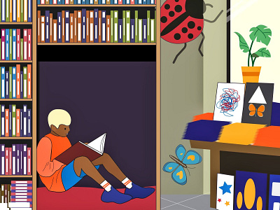 A boy studing in a library vector illustration a child studing books books and library boy reading brand identity branding design flat illustration graphic design illustration learning library nigerian illustrator ui ux vector